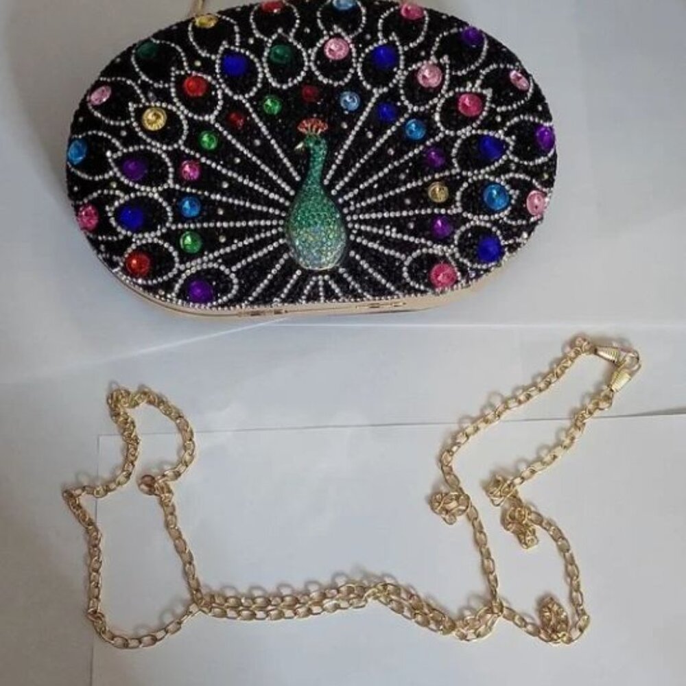 Evening Bag Rhinestones Peacock Black Green Multicolor Shoulder Clutch NEW - Picture 2 of 5